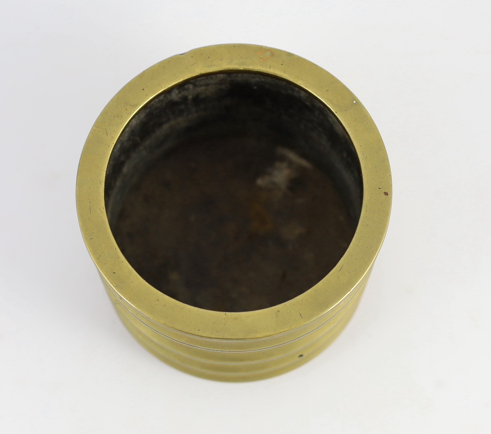 A Chinese bronze censer, two character Xuande seal mark, 18th century, 10.4cm high, 12.1cm diameter, small dents